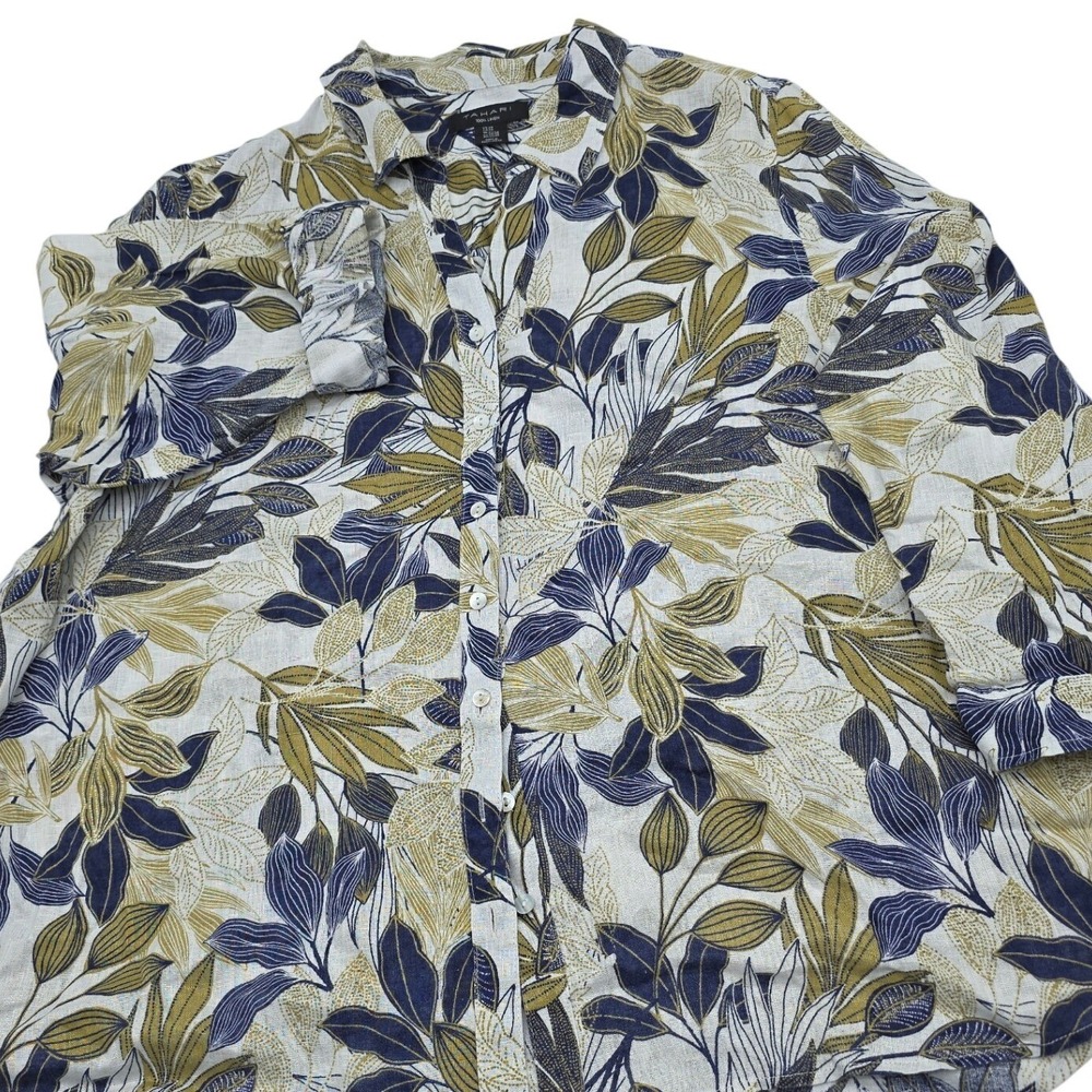 Tahari Linen Button Down Shirt Womens 2X Blue Green‎ Tropical Floral #Beachy
